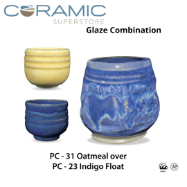 Oatmeal PC-31 over Indigo Float PC-23 Pottery Cone 5 Glaze Combination